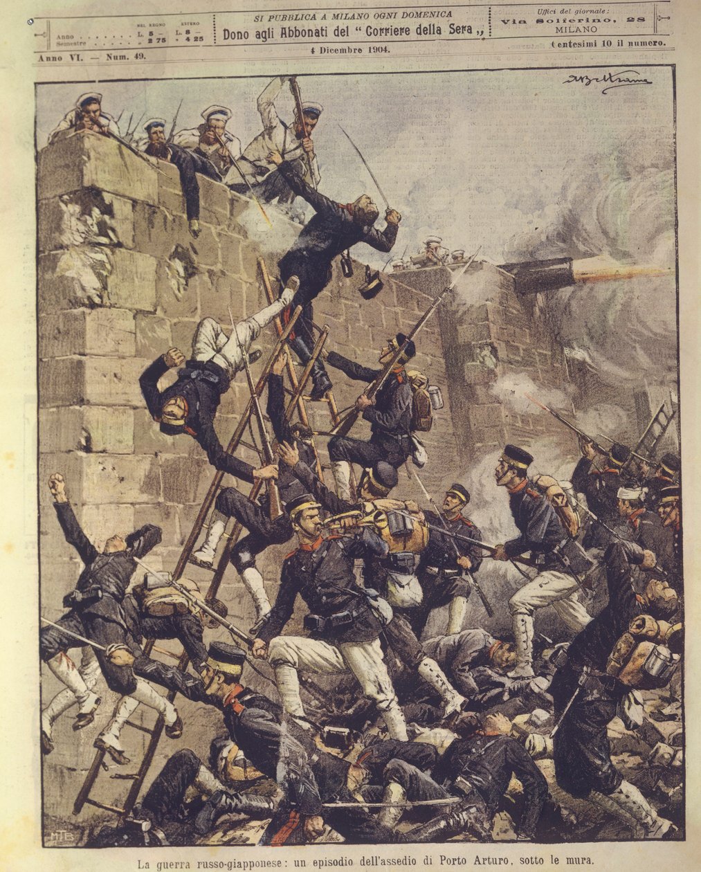 Omslagillustratie van het beleg van Port Arthur in China tijdens de Russisch-Japanse oorlog van 1904-1905 door Achille Beltrame