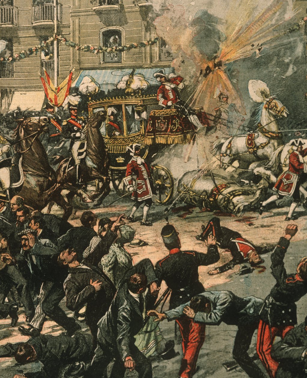 Omslagillustratie van moordaanslag op koning Alfonso XIII op zijn trouwdag, 31 mei 1906, Madrid, Spanje door Achille Beltrame