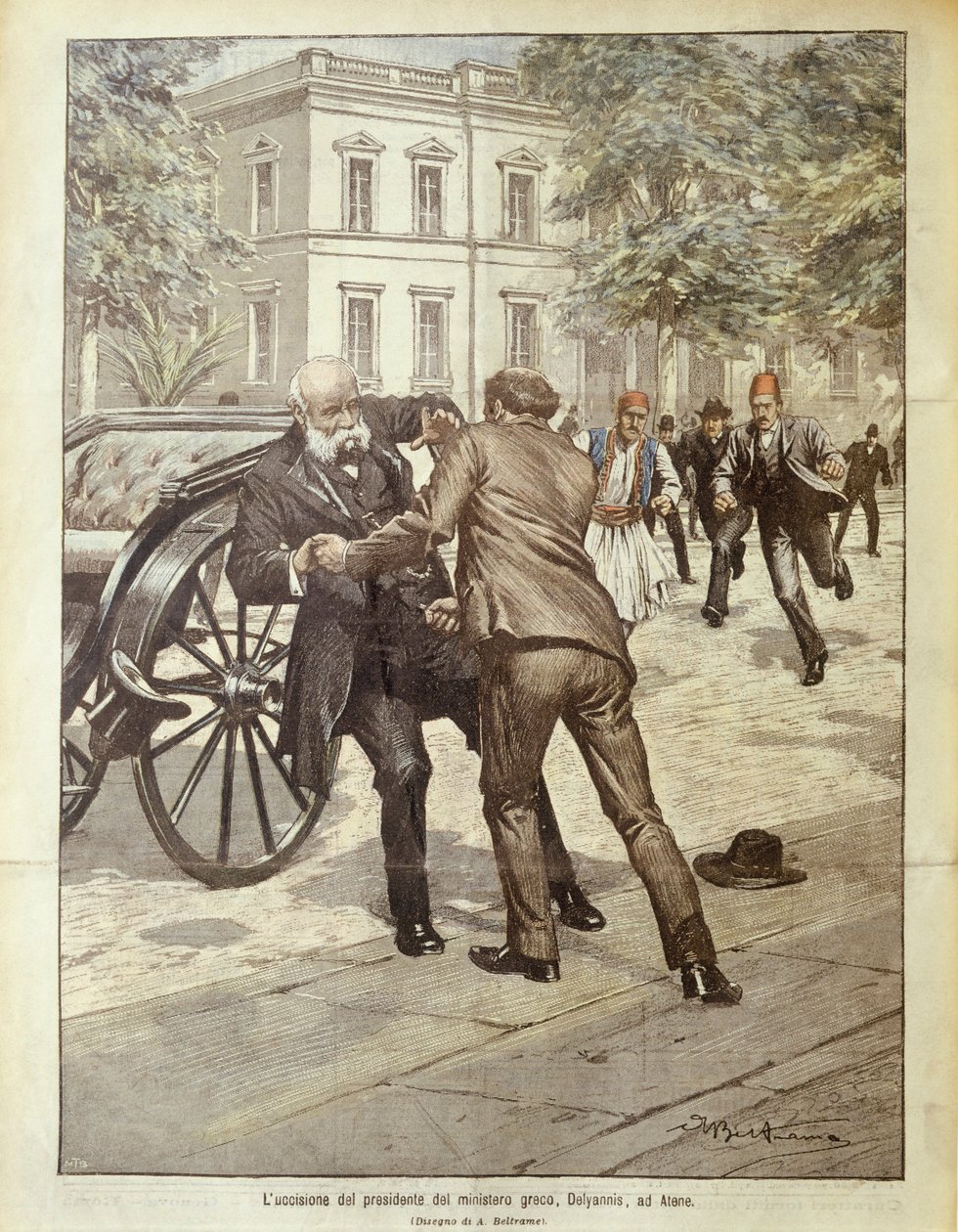 Omslagillustratie van moord op Griekse premier Delyannis; Athene, Griekenland door Achille Beltrame