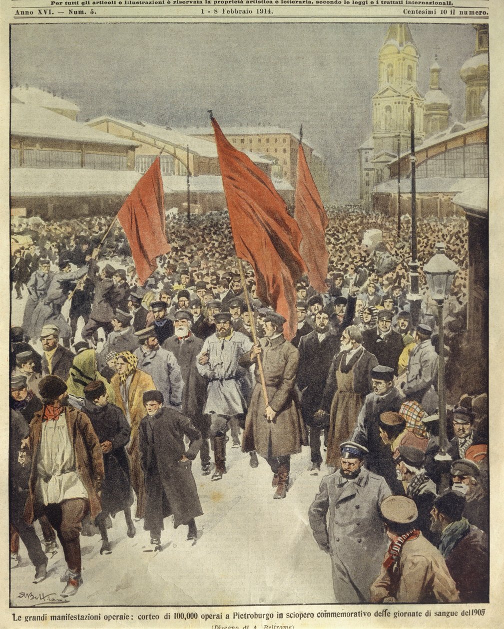 Omslagillustratie van honderdduizend arbeiders die marcheren ter herdenking van Bloedige Zondag van 1905; Sint-Petersburg, Rusland door Achille Beltrame