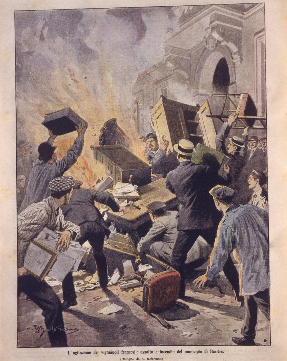 Omslagillustratie van wijnmakers die het stadhuis van Beziers in brand steken tijdens opstanden in Frankrijk door Achille Beltrame