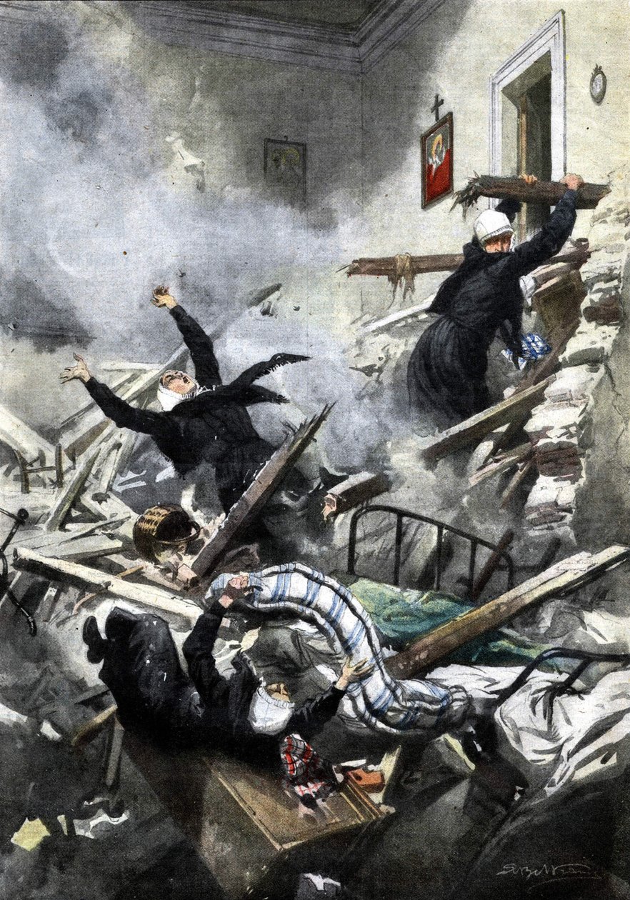 Ramp in een gebouw in Genua: goede zusters verdwenen bij de instorting van twee appartementen. Ill. de Beltrame. "La Domenica del Corriere". 04/1914. door Achille Beltrame