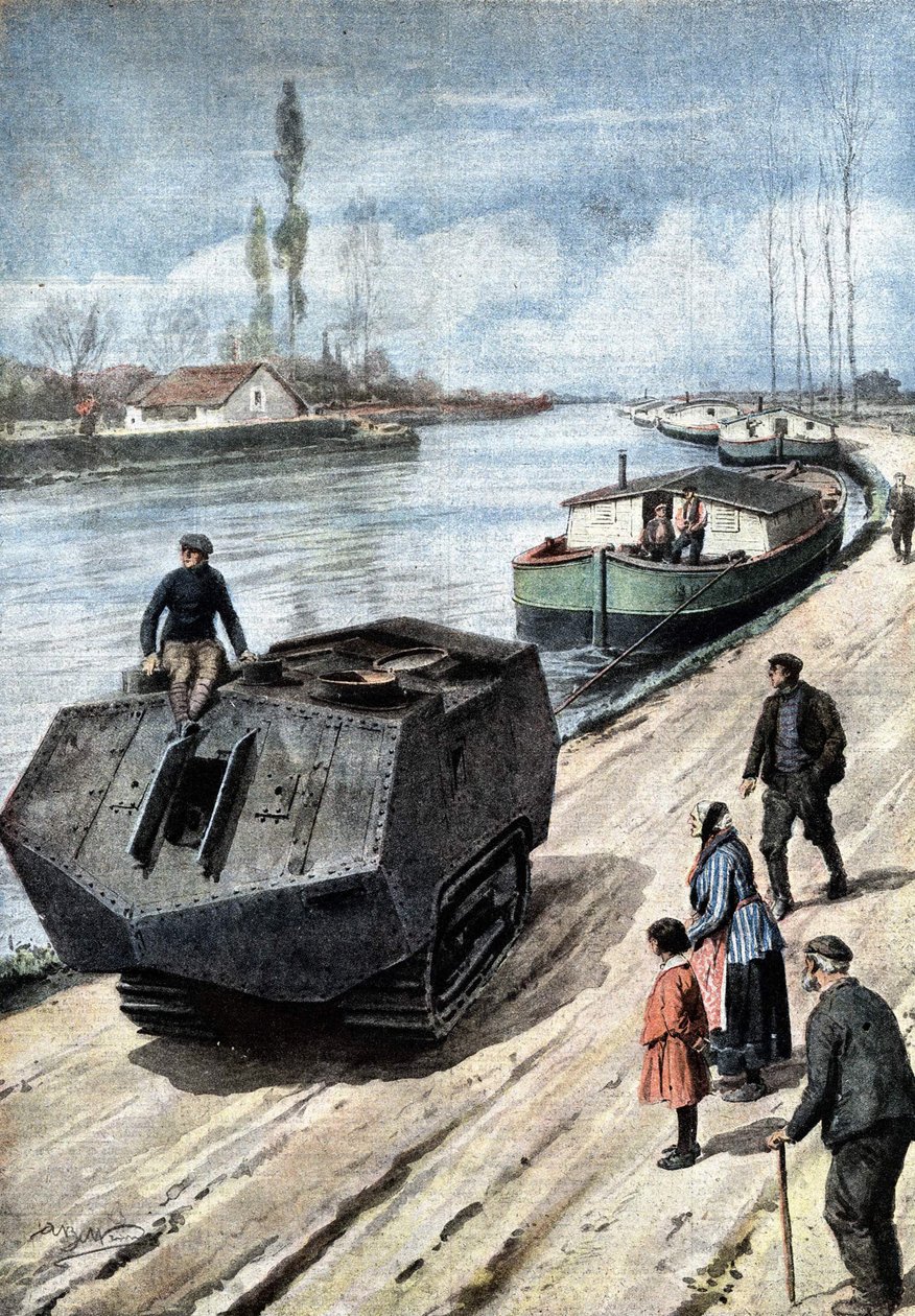 Einde van de Eerste Wereldoorlog: het vreedzame einde van een formidabele oorlogsmachine. Tanks slepen nu schuiten op het Franse kanaal. Ill. de Beltrame. La Domenica del Corriere. 03/1919 door Achille Beltrame