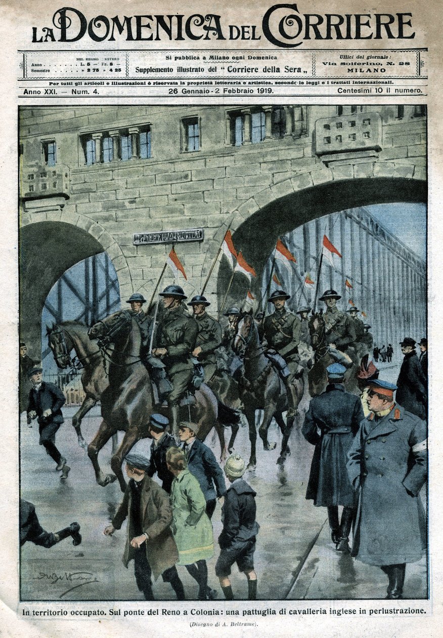 Engelse aanwezigheid in Duitsland: militaire troepen op een Rijnbrug in Keulen. Illustratie van Beltrame. La Domenica del Corriere. 01/1919 door Achille Beltrame