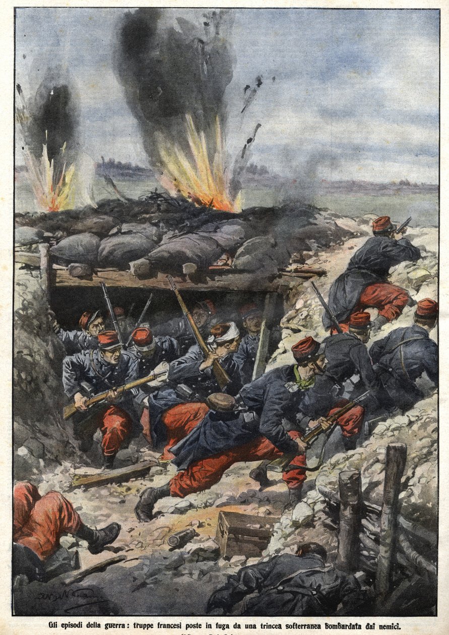 Episode van de oorlog van 1914: Franse troepen in de loopgraven worden gebombardeerd door vijanden. 