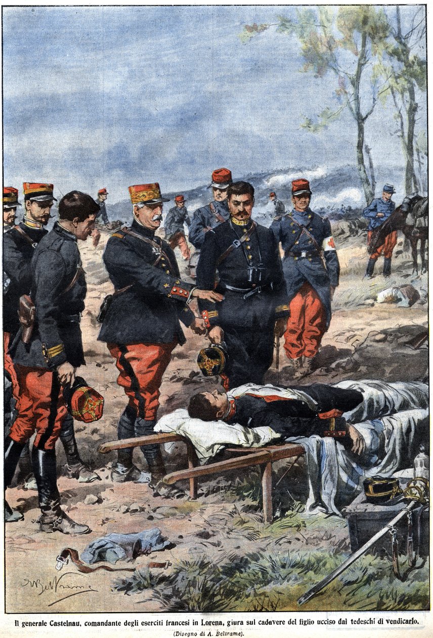 Episode van de oorlog van 1914: Generaal Noel Edouard de Curieres de Castelnau (1851-1944), commandant van het Franse leger in Lotharingen, zweert bij het lichaam van zijn dode zoon om hem te wreken. Illustratie door Achille Beltrame in "La Domenica del Co door Achille Beltrame