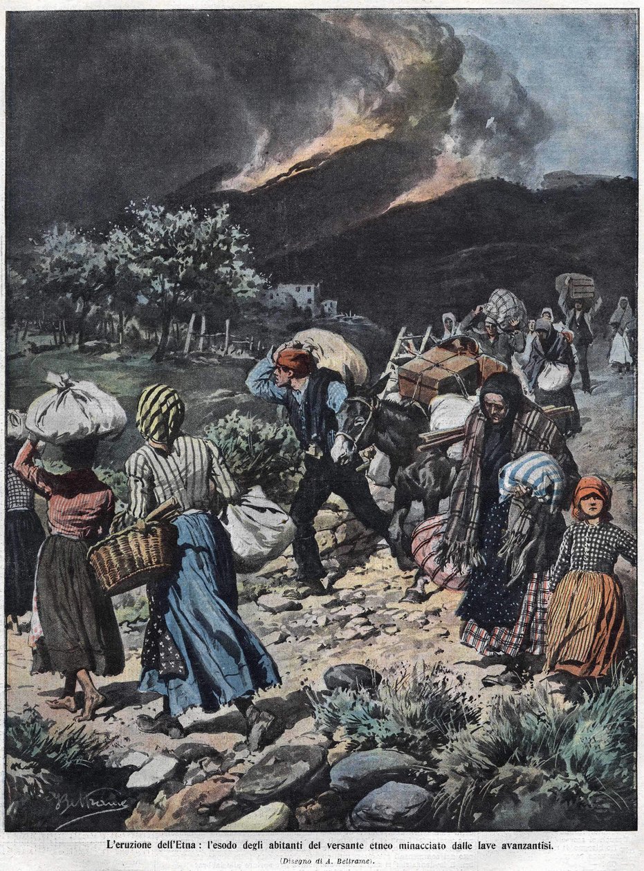 Uitbarsting van de Etna in 1910. Illustratie door Achilles Beltrame. door Achille Beltrame