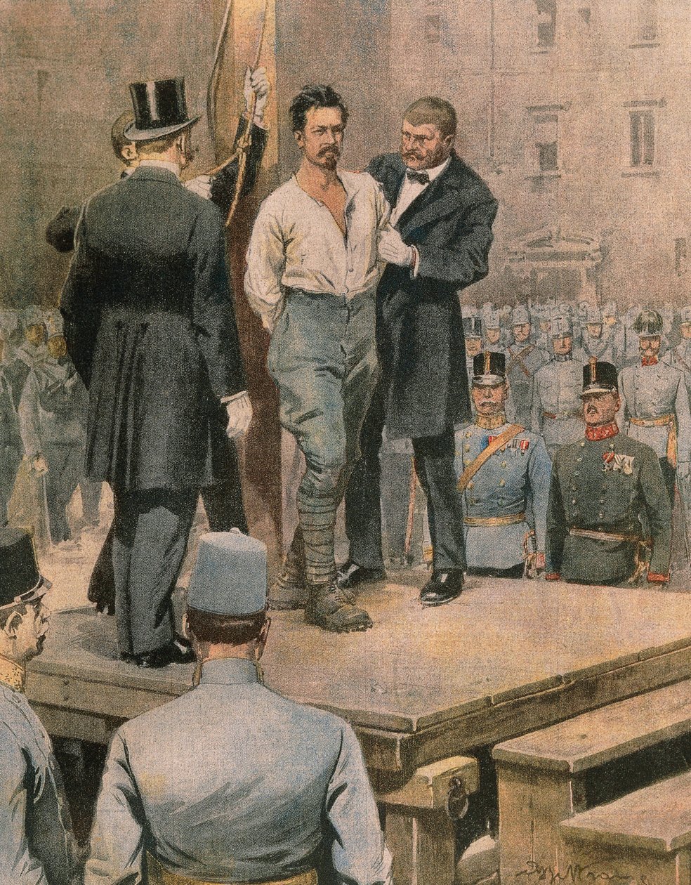 Executie van Cesare Battisti in Trento, door Achille Beltrame, illustratie, Illustrator Achille Beltrame (1871-1945), uit La Domenica del Corriere, juli 1916 door Achille Beltrame