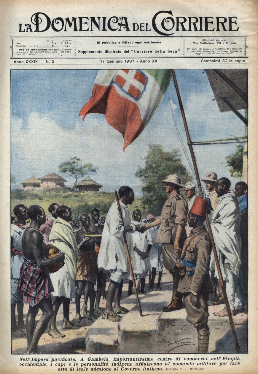 Fascisme 1937: Bijeenkomsten in Gambela, het handelscentrum van het Ethiopische Rijk, van inheemse hoofden en persoonlijkheden om een toetredingsakte tot de Italiaanse regering te maken. Illustratie van Achille Beltrame in 