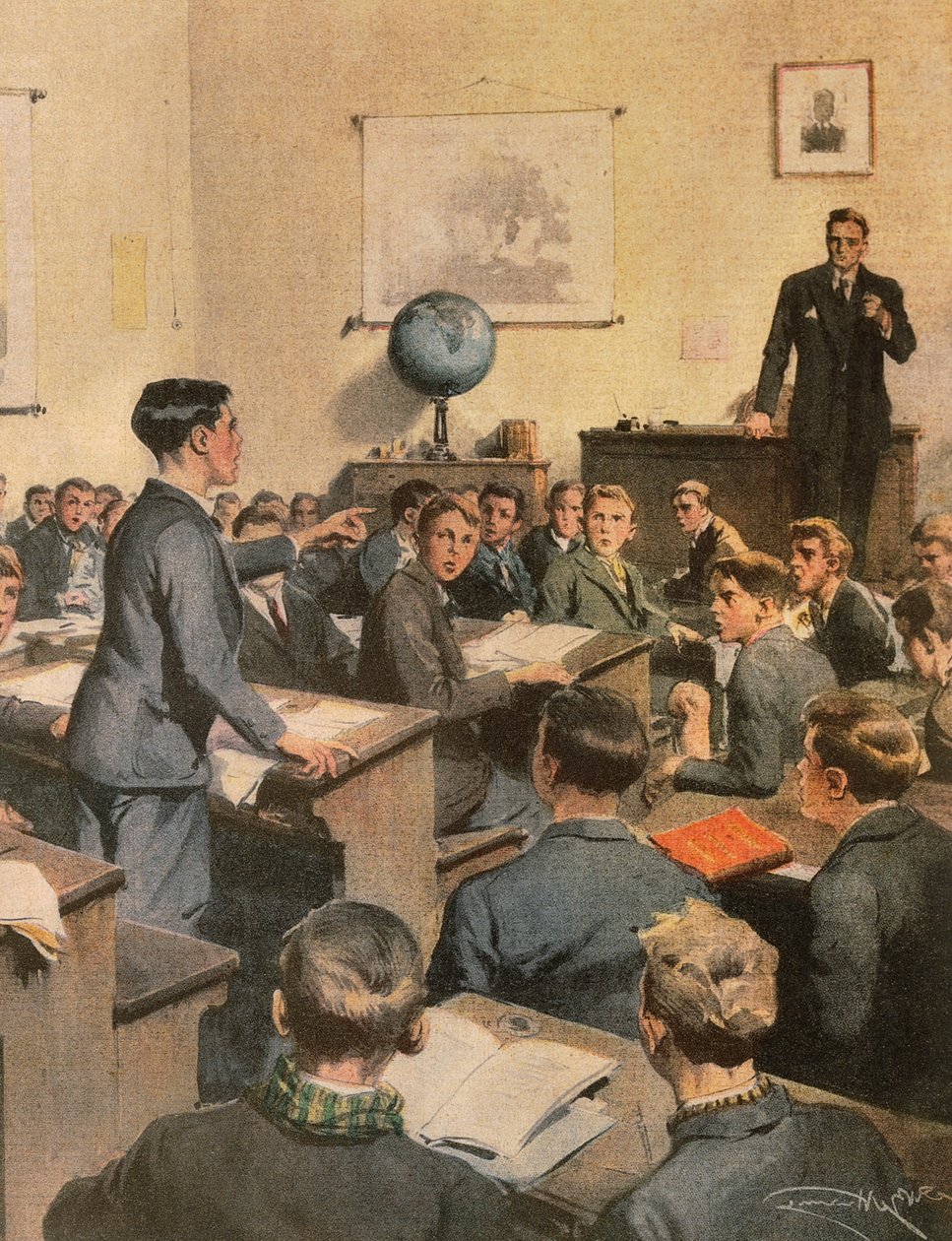 Strijd tegen analfabetisme, kinderen op school, door Achille Beltrame, illustratie door Achille Beltrame