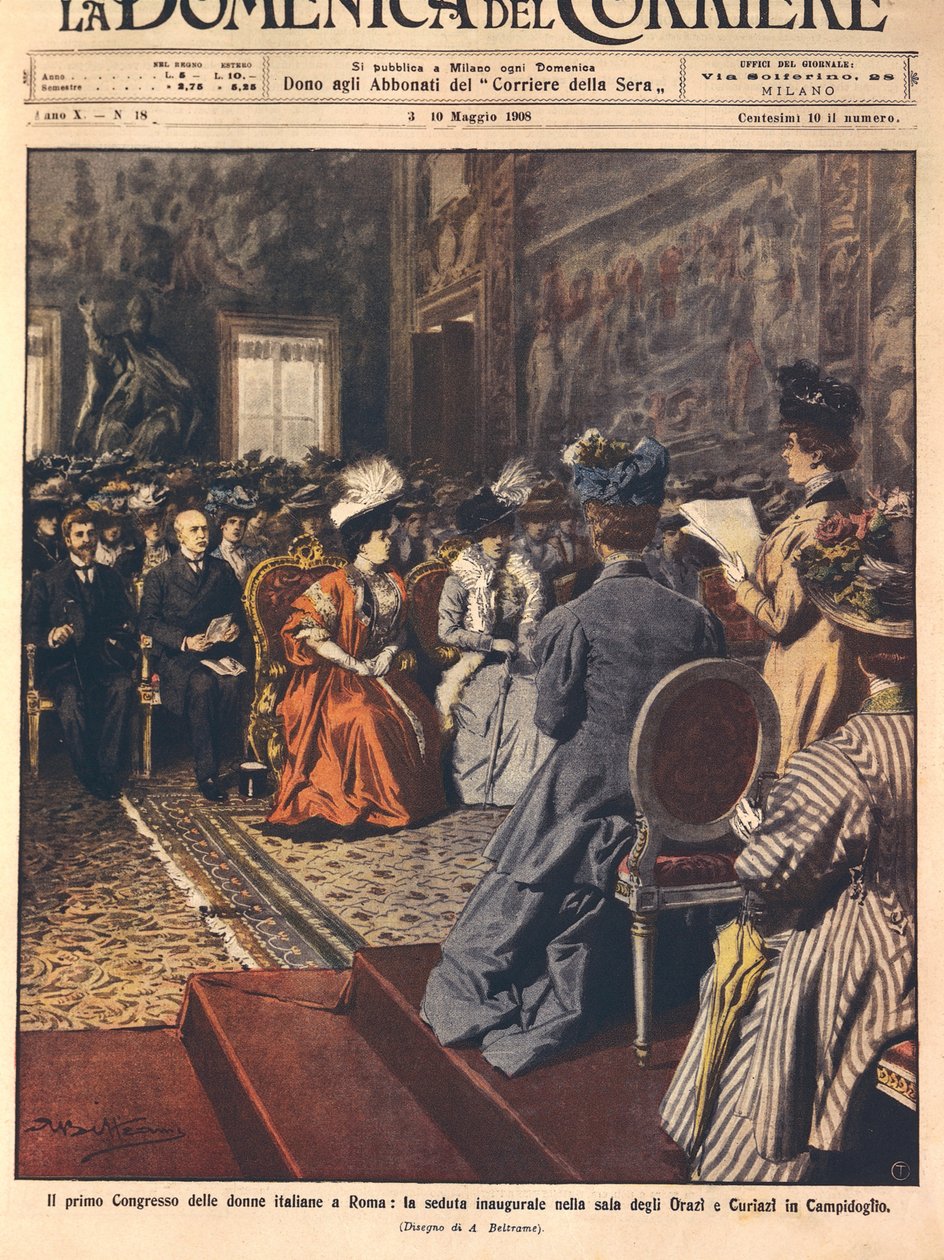 Eerste Italiaanse vrouwencongres op Capitol, Rome, illustratie door Achille Beltrame uit La Domenica del Corriere, 3 mei door Achille Beltrame