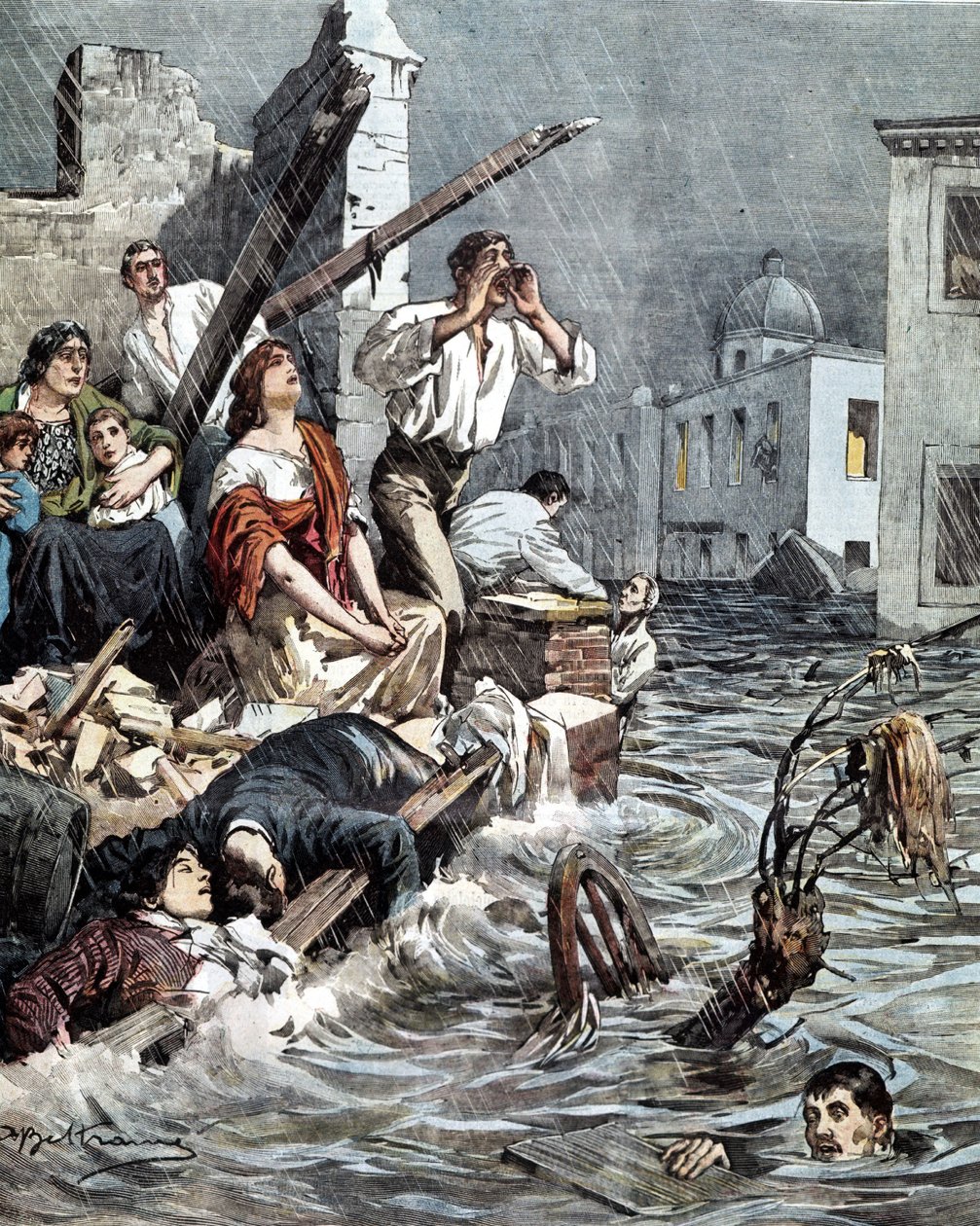 Overstroming van Modica (Sicilië) in 1901. La Domenica del Corriere. Ill. door Beltrame door Achille Beltrame