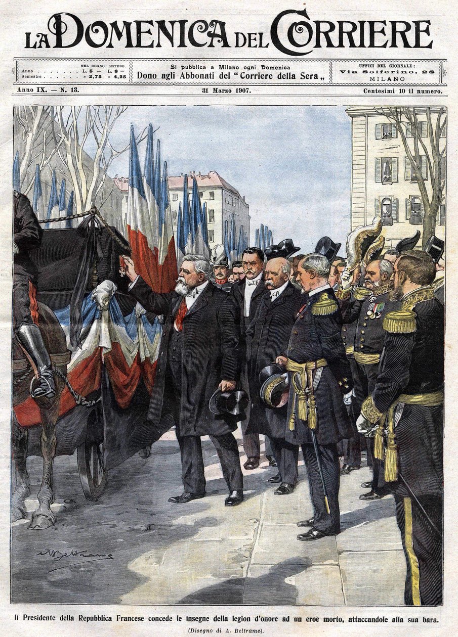 De Franse president Armand Fallieres (1841 - 1931) reikt de medaille van het Legioen van Eer uit aan een held die in de strijd is gesneuveld. Ill. de Beltrame. La Domenica del Corriere. 31/03/1907 door Achille Beltrame