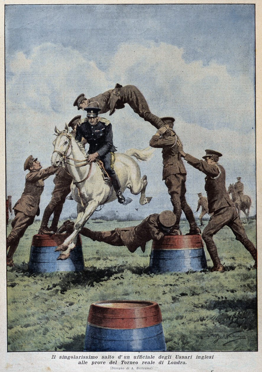 Paardenspringen: Engelse Huzaren bij de Londense Toernooiproeven - tekening van A. Beltrame, in 