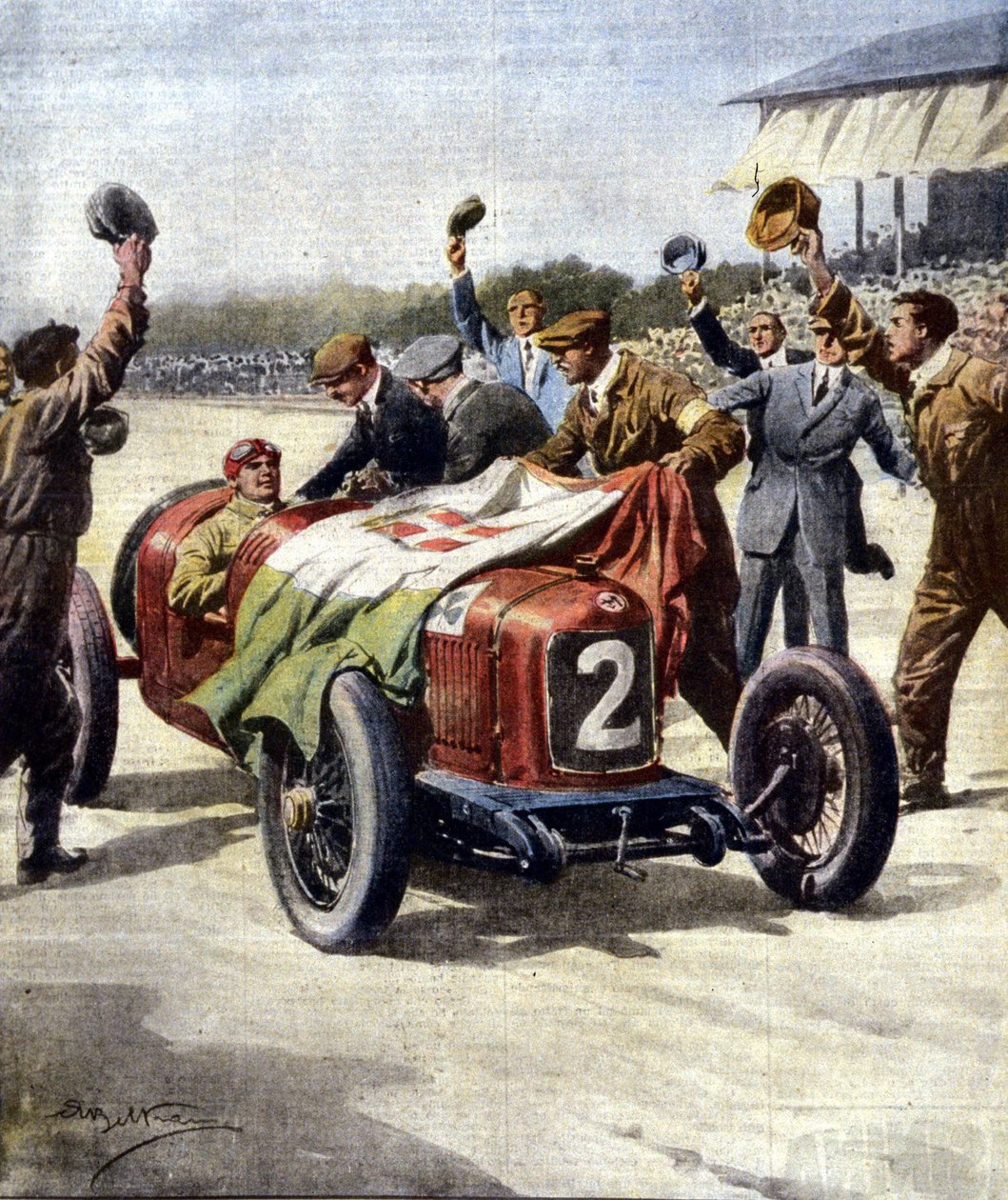 Italiaanse overwinning bij de 3e Europese Motor Grand Prix: de monteurs van Ascari tonen de driekleurige vlag op de auto. Ill. de Beltrame. "La Domenica del Corriere". 07/1925. door Achille Beltrame