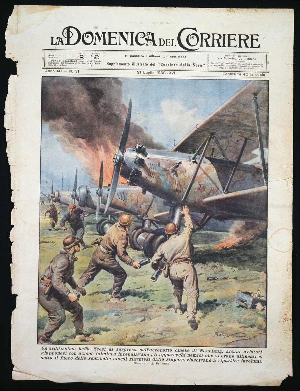 Japanse commando-aanval op Chinese luchthaven van Nanchang, plaat door Achille Beltrame uit La Domenica del Corriere, 31 juli door Achille Beltrame