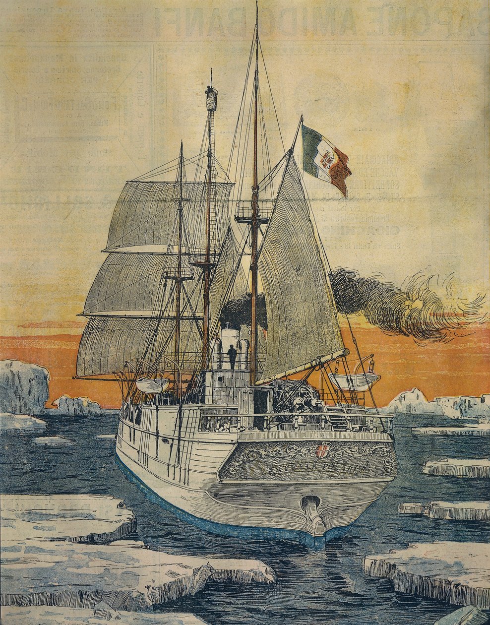 Reis naar de Noordpool: Polar Star-schip dat prins Luigi Amedeo van Savoye-Aosta, hertog van Abruzzen, naar de Baai van Teplitz op Rudolf-eiland bracht door Achille Beltrame