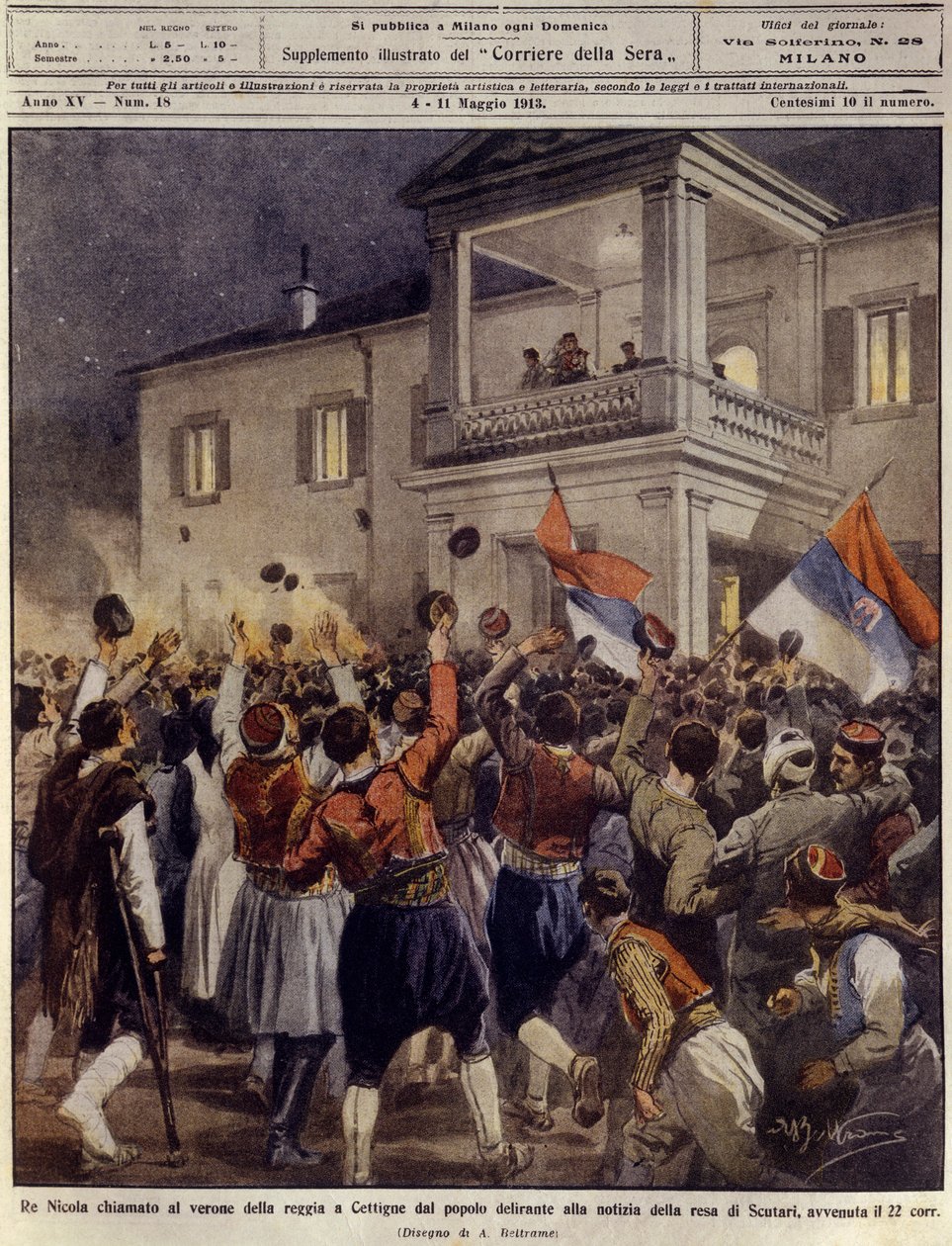 Koning Nicolaas I van Montenegro voor een menigte in Cettigne na de overgave van de stad Shkoder, 4 mei door Achille Beltrame