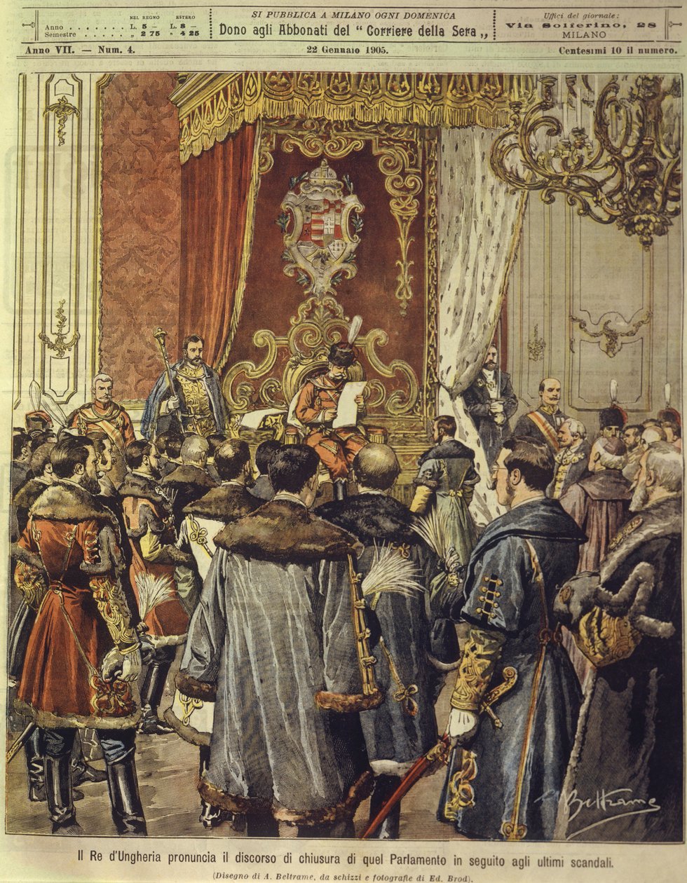 Koning van Hongarije kondigt ontbinding van het parlement aan na het laatste schandaal, 22 januari door Achille Beltrame