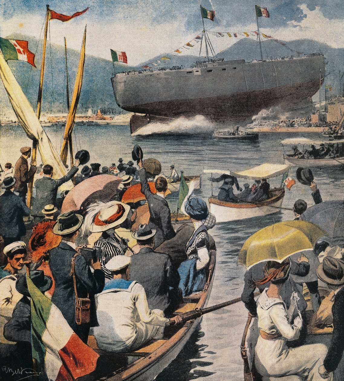 Te water laten van slagschip Andrea Doria vanuit Arsenale in La Spezia, paneel door Achille Beltrame (1871-1945), La Domenica del Corriere, 6 april door Achille Beltrame