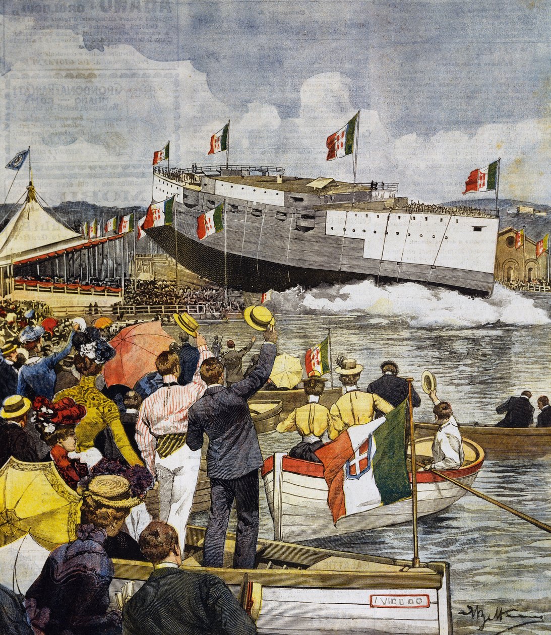 Te water laten van slagschip Regina Margherita in La Spezia, paneel door Achille Beltrame (1871-1945), La Domenica del Corriere, 9 juni door Achille Beltrame