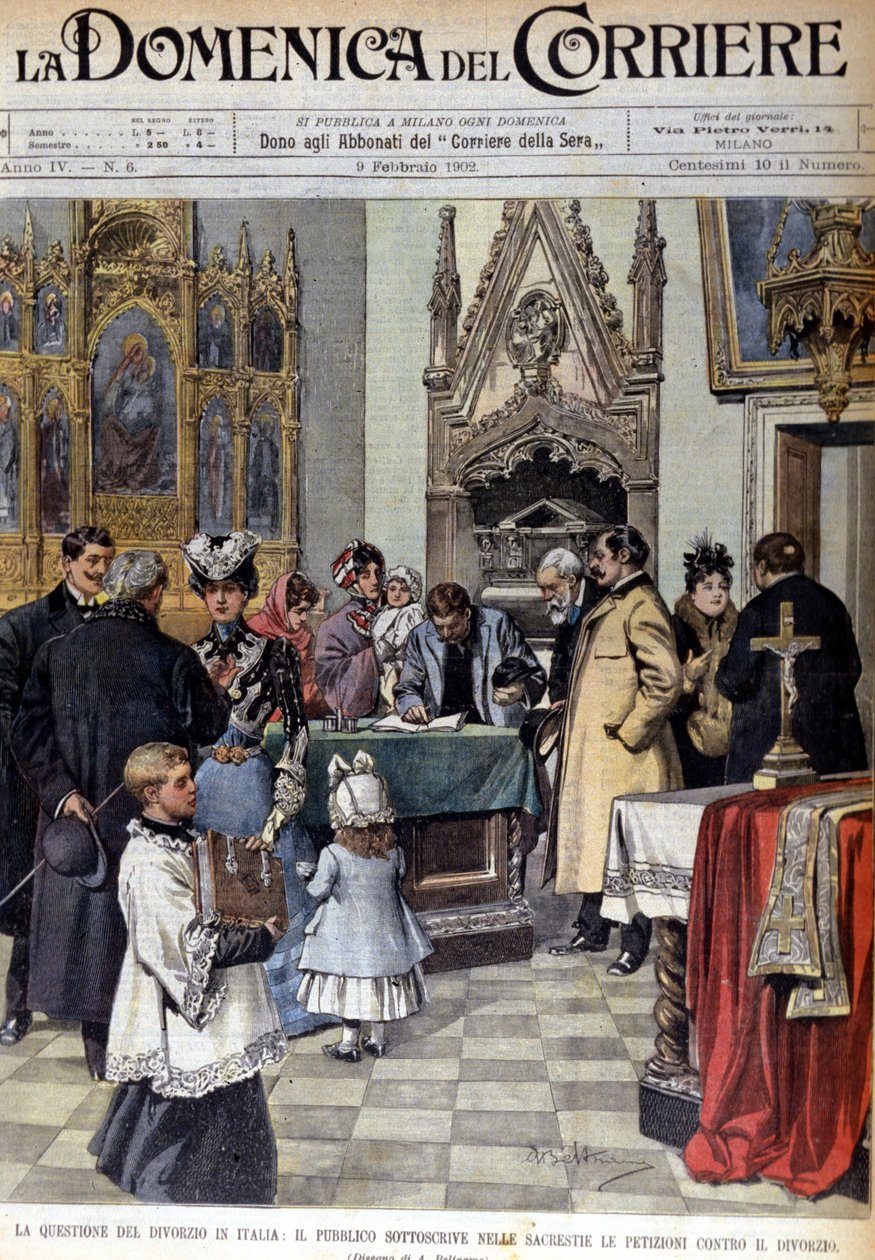 Het probleem van echtscheiding in Italië: de bevolking ondertekent petities tegen echtscheiding in de sacristieën. Illustratie van Beltrame. La Domenica del Corriere. 9/02/1902 door Achille Beltrame