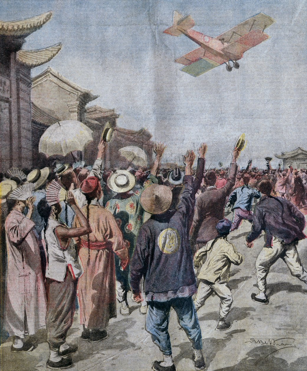 Luitenant Arturo Ferrarin, deelnemer aan Rome-Tokio raid, aankomst boven de lucht van Shanghai, illustratie door Achille Beltrame uit La Domenica del Corriere, 16 mei door Achille Beltrame