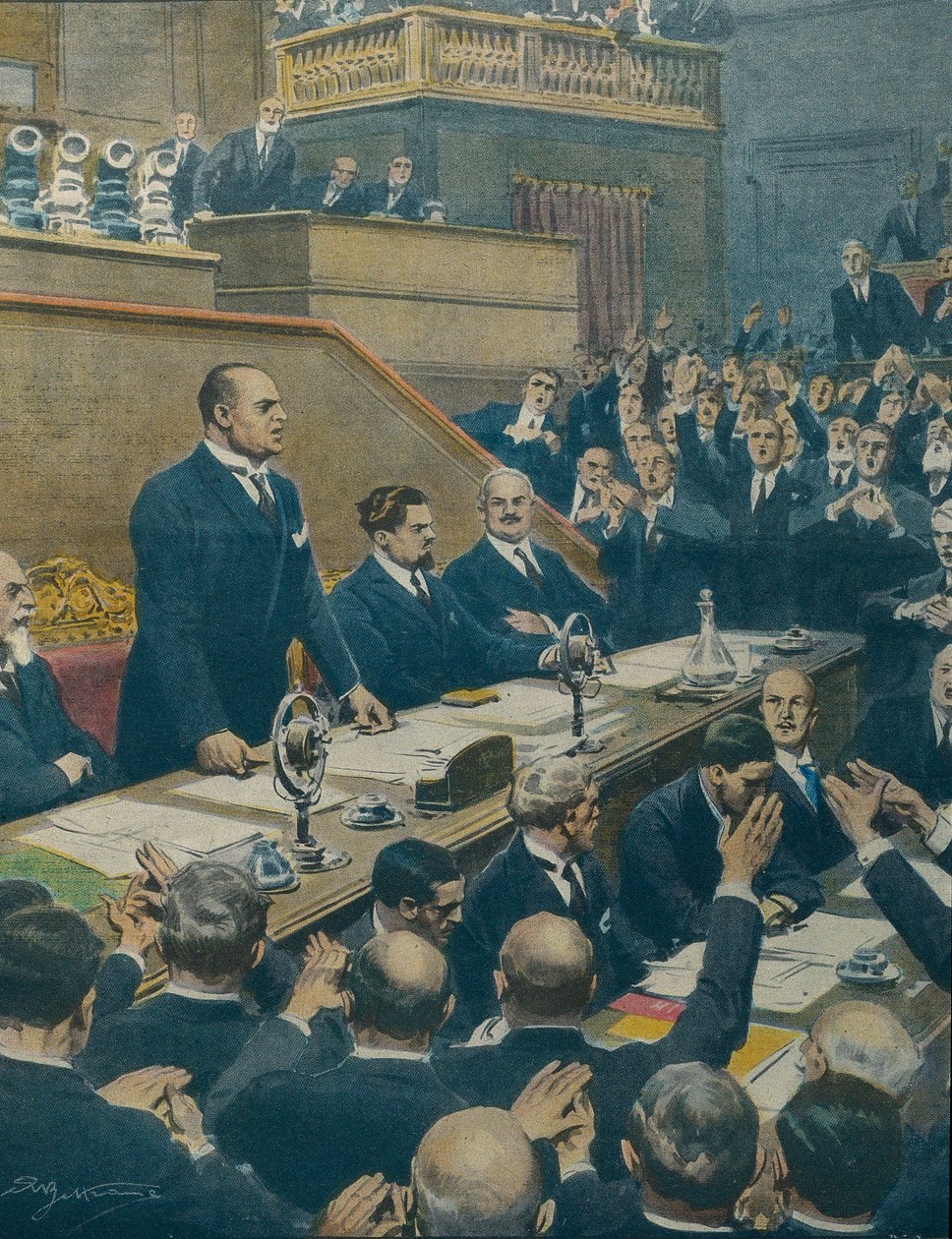 Benito Mussolini (1883-1945). Italiaanse fascistische politicus, leider van Italië (1925-1943). Mussolini kondigt de alliantie aan tussen de vier westerse machten aan de Senaat. Achille Beltrame (1871-1945) van La Domenica del Corriere, 7 juni door Achille Beltrame