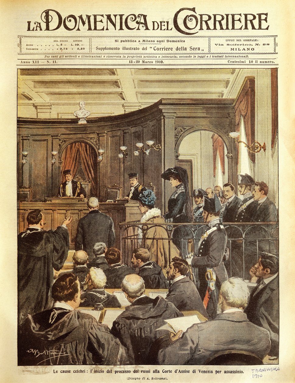 Maria Tarnowska voor de rechter in Venetië, door Achille Beltrame, illustratie, Illustrator Achille Beltrame (1871-1945), uit La Domenica del Corriere door Achille Beltrame