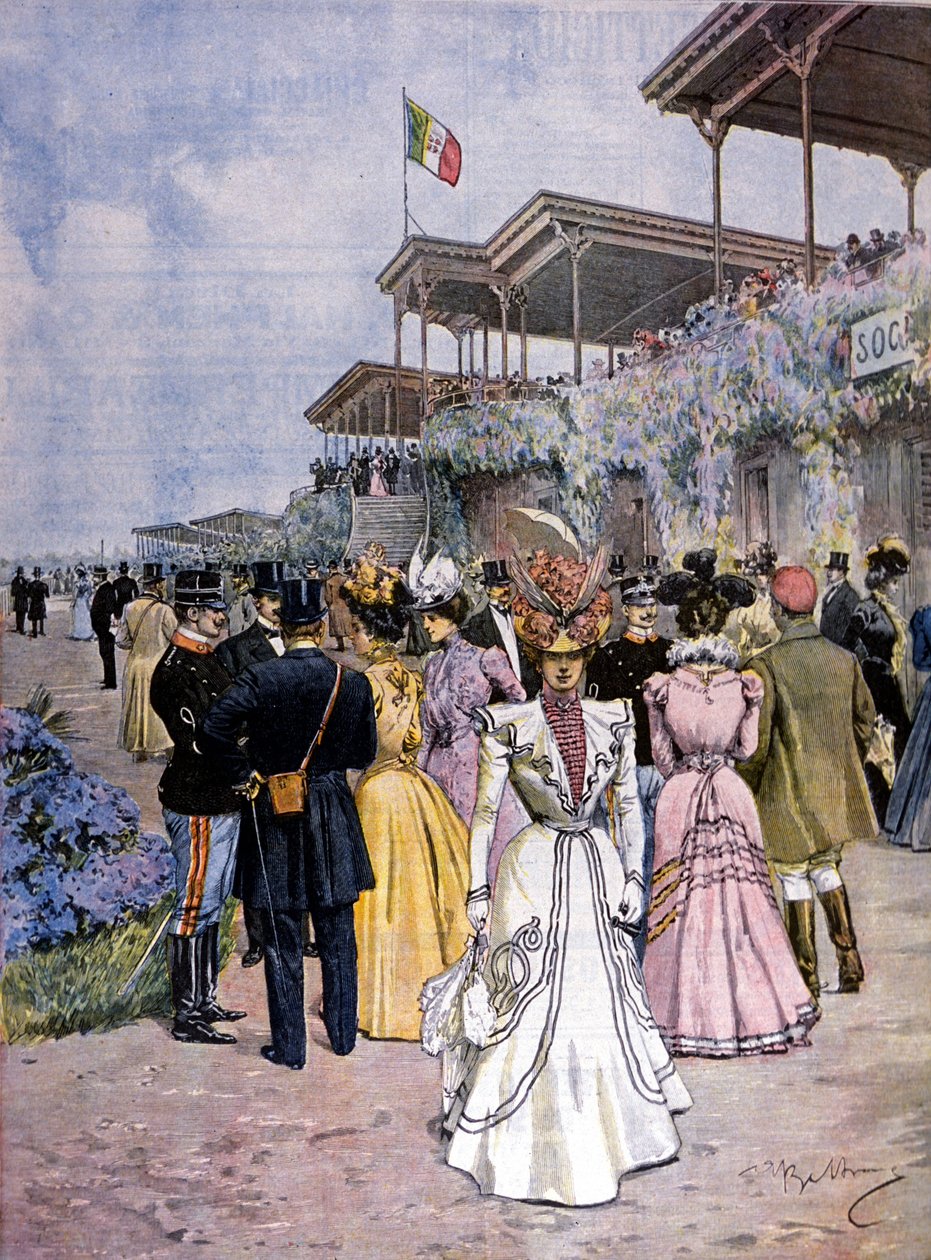 Milaan: de paardenraces op de renbaan van San Siro: uitreiking van de Handelsprijs (Premio del commercio). Illustratie door Beltrame. La Domenica del corriere. 1899 door Achille Beltrame