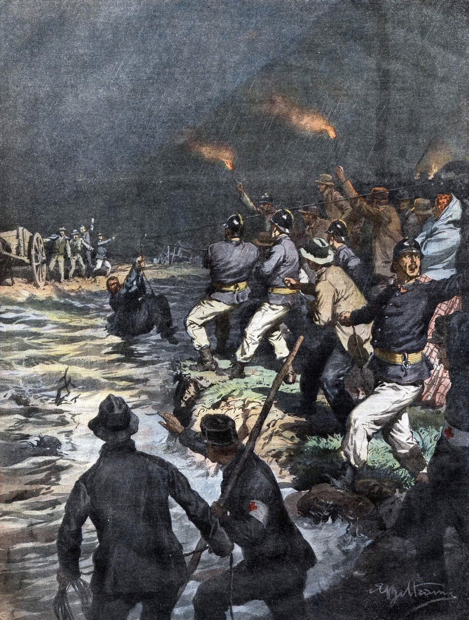 Wonderbaarlijke redding van voermannen geblokkeerd op een eiland in de rivier Serio nabij Bergamo - Illustratie van Beltrame in "La Domenica del Corriere" 10/1909 door Achille Beltrame
