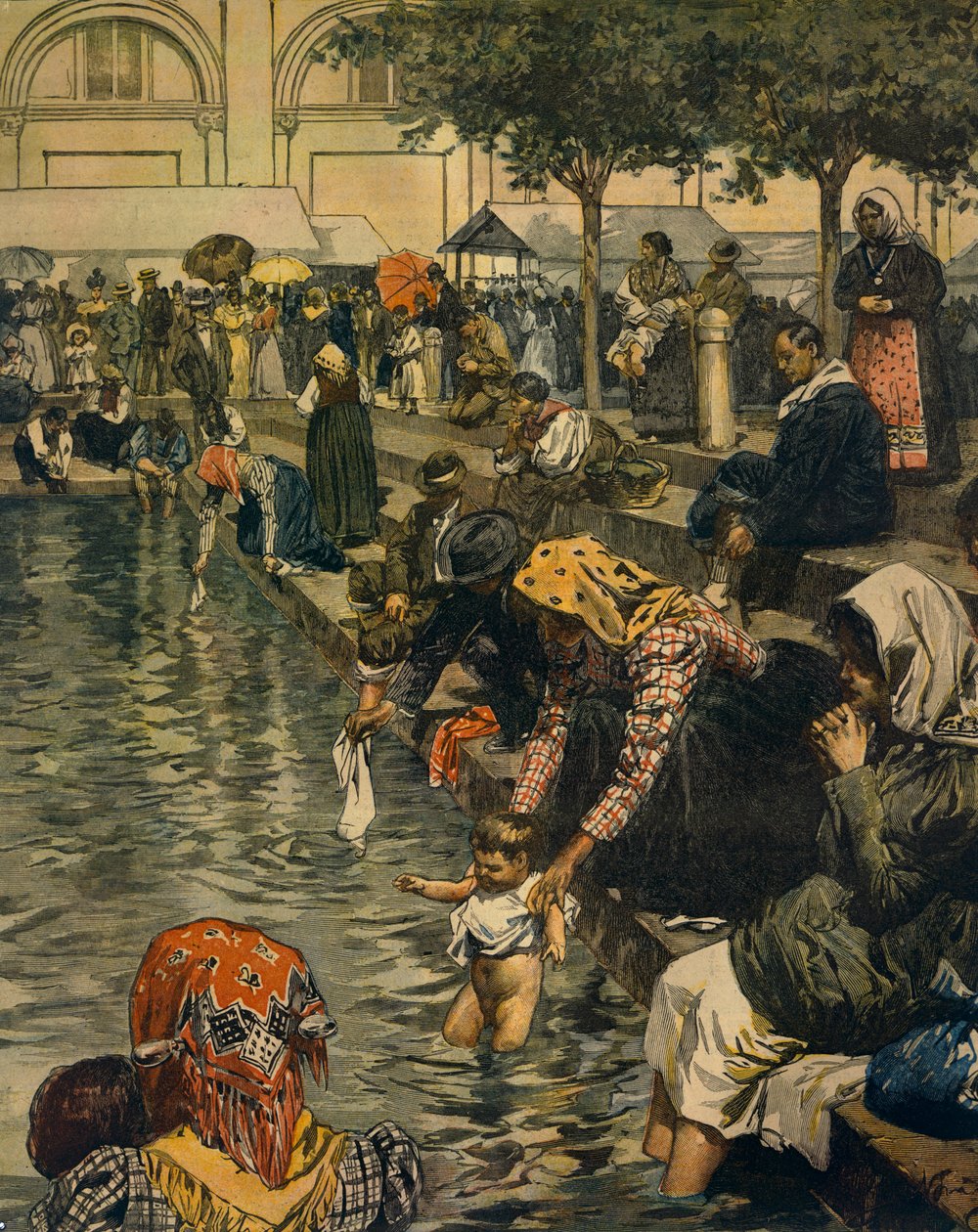 Bedevaart naar Caravaggio: Baden in wonderbaarlijke wateren, door Achille Beltrame, uit La Domenica del Corriere door Achille Beltrame