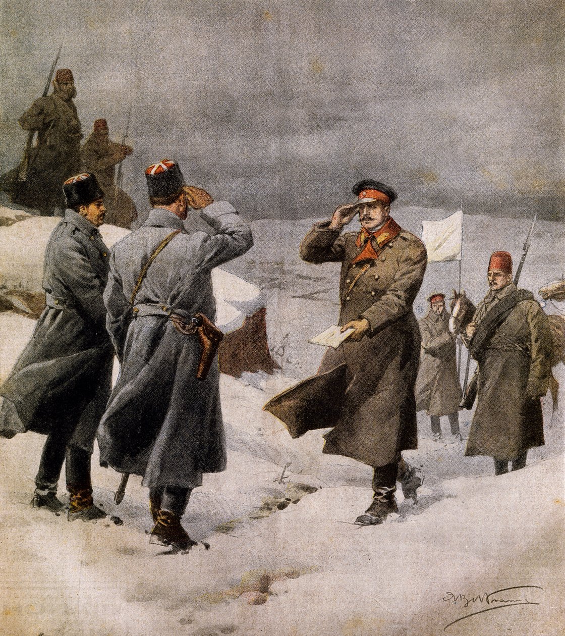 Hervatting van de oorlog, Turkse parlementariër arriveert in Bulgaars kamp met bericht over einde van wapenstilstand, door Achille Beltrame, illustratie uit La Domenica del Corriere, 9 februari door Achille Beltrame
