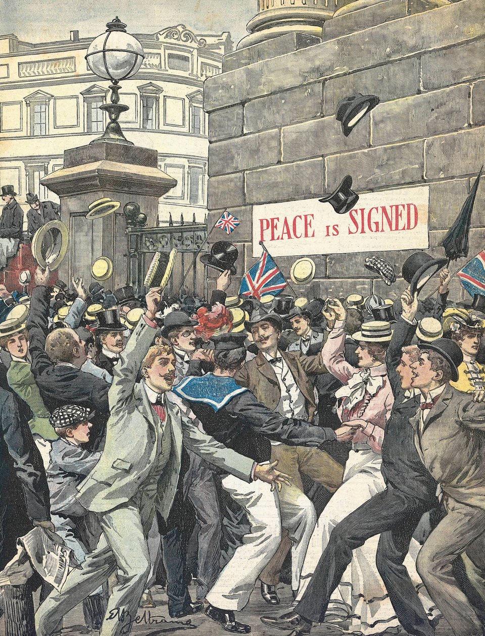 Tweede Boerenoorlog. Aankondiging van het einde van de oorlog in de straten van Londen. Illustratie door Antonio Beltrame. “La Domenica del Corriere” door Achille Beltrame