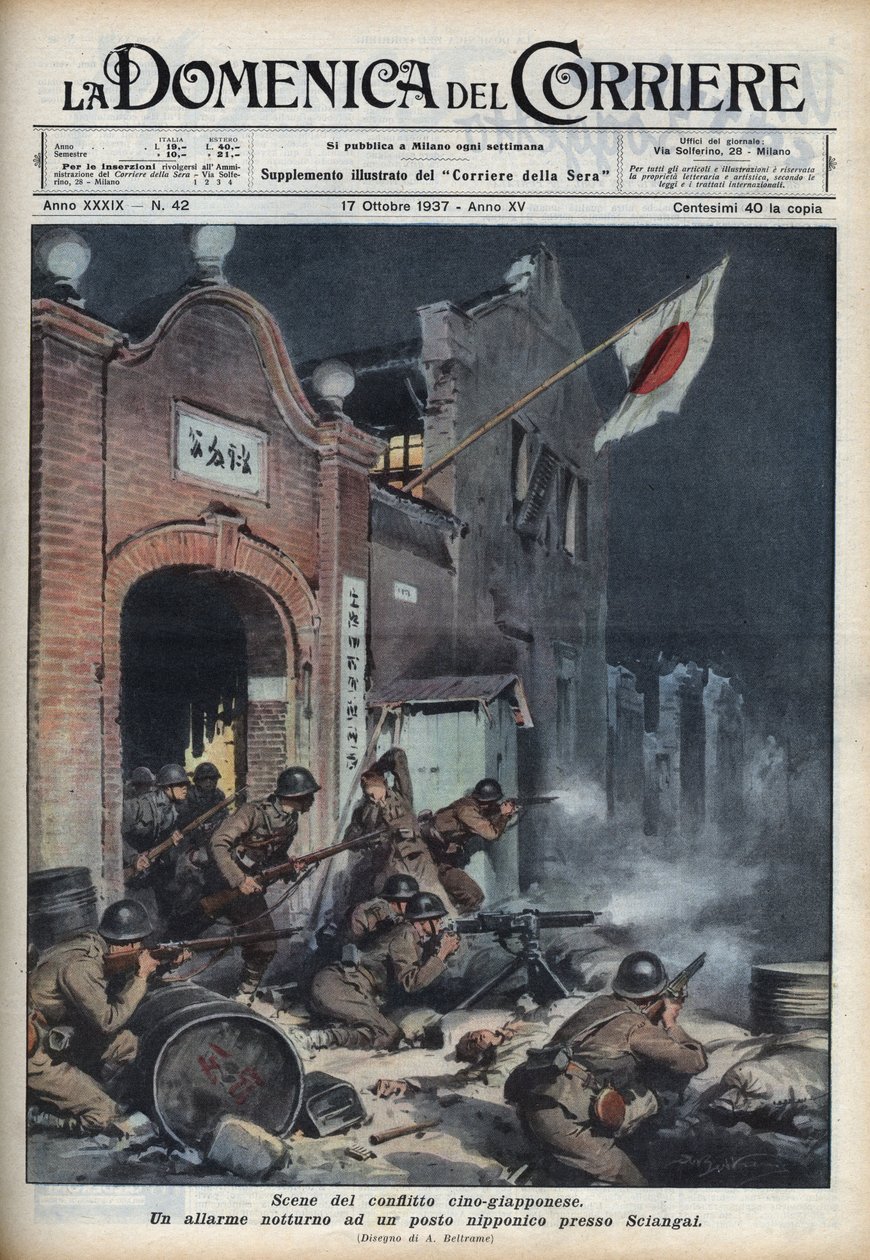 Tweede Chinees-Japanse Oorlog (1937-1945): gevechten nabij Shanghai. Illustratie door Achille Beltrame uit 