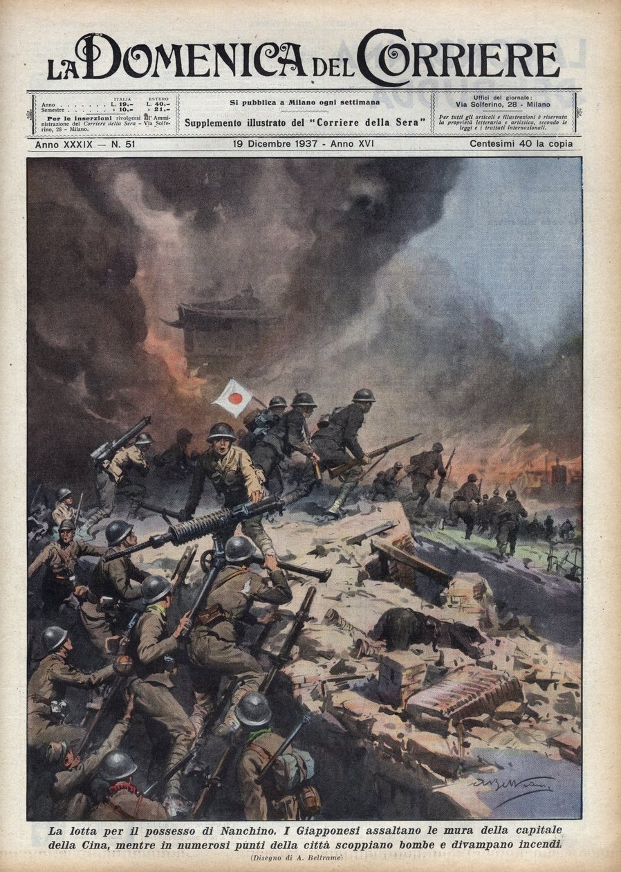 Tweede Chinees-Japanse Oorlog (1937-1945): episode van het Nanjing Bloedbad (zak of verkrachting van Nanjing) tijdens conflicten over het bezit van de regio. Illustratie van Achilles Beltrame in “La domenica del corriere” van 19/12/1937 door Achille Beltrame