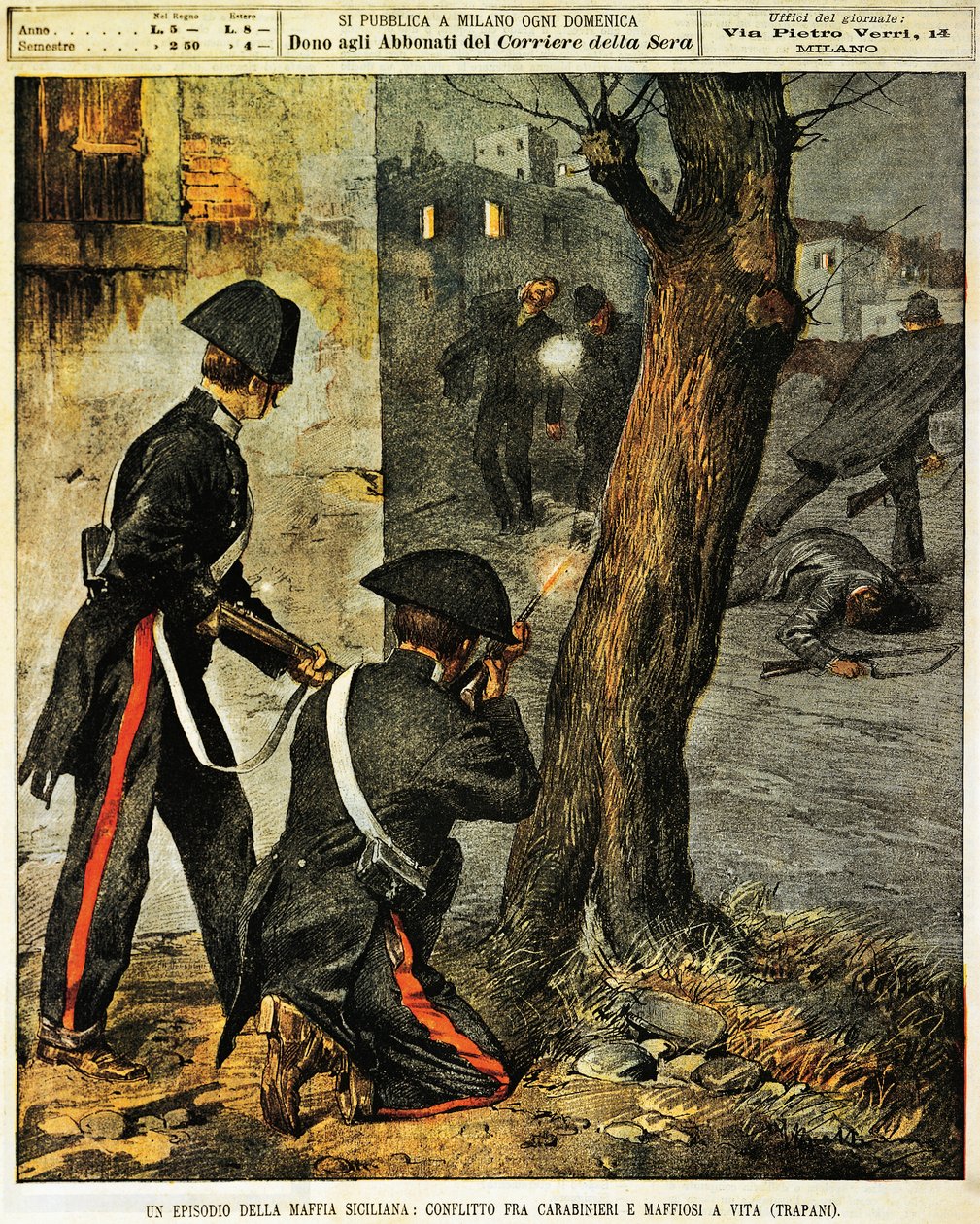 Siciliaanse maffia gebeurtenis, gevechten tussen carabinieri en maffia gangsters in Trapani, door Achille Beltrame, illustratie, van La Domenica del Corriere, 31 december 1899 door Achille Beltrame