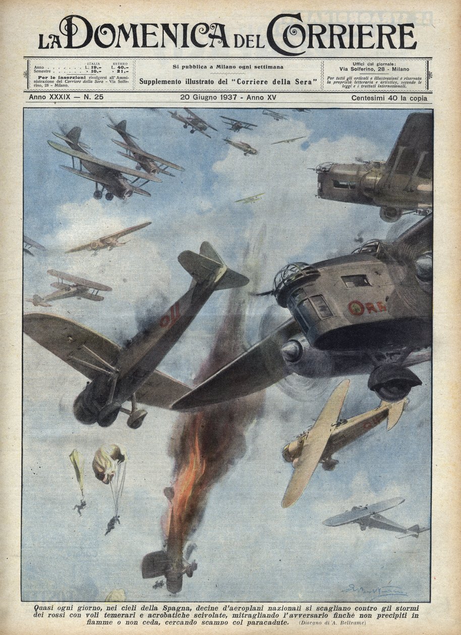 Spaanse Burgeroorlog: Luchtgevechten tussen republikeinse en nationalistische vliegtuigen boven Spanje in oorlog. Illustratie van Achille Beltrame in 
