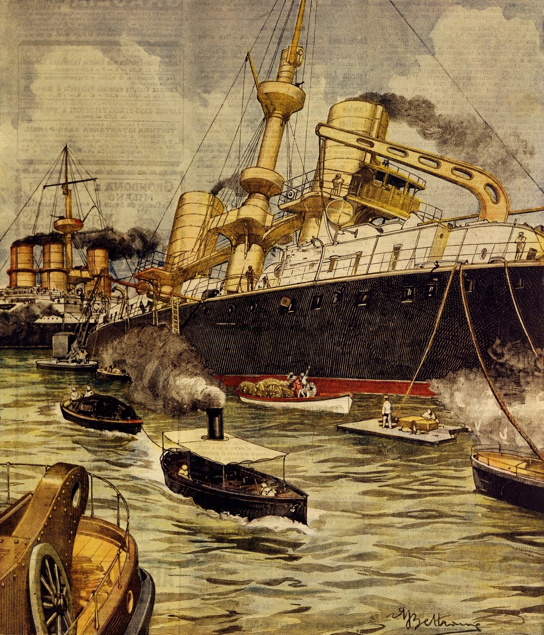 Het Andrea Doria slagschip gestrand bij Gallipoli, uit La Domenica del Corriere door Achille Beltrame