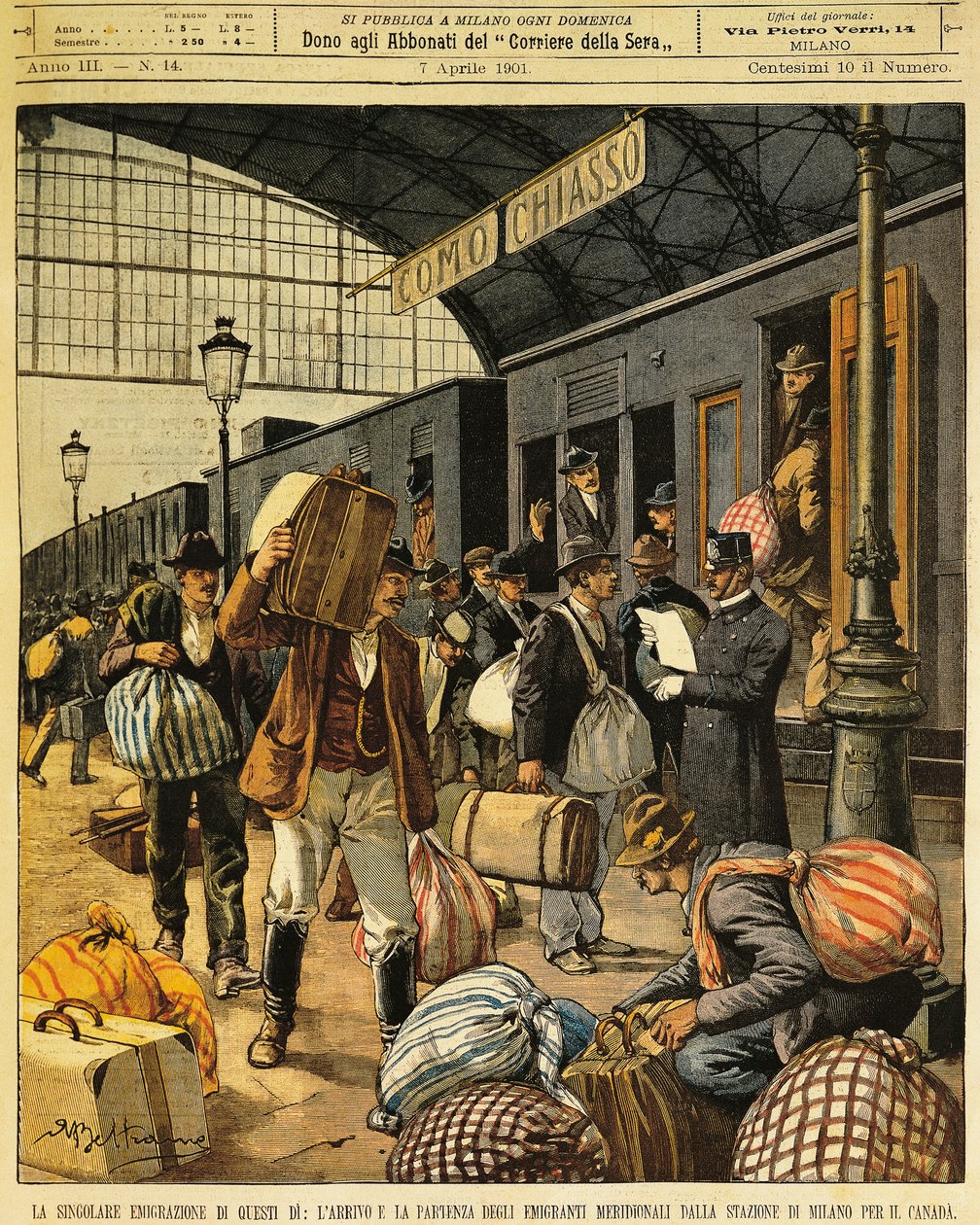 De Grote Emigratie: aankomsten en vertrekken van Zuid-Italiaanse emigranten naar Canada, door Achille Beltrame (1871-1945), uit La Domenica del Corriere, 7 april 1901 door Achille Beltrame