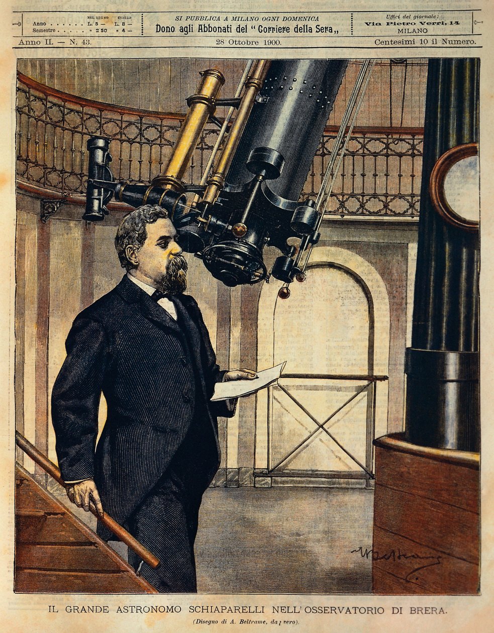 De astronoom Schiaparelli (1835-1910) in het Brera observatorium, illustratie door Achille Beltrame (1871-1945), uit La Domenica del Corriere, 28 oktober door Achille Beltrame