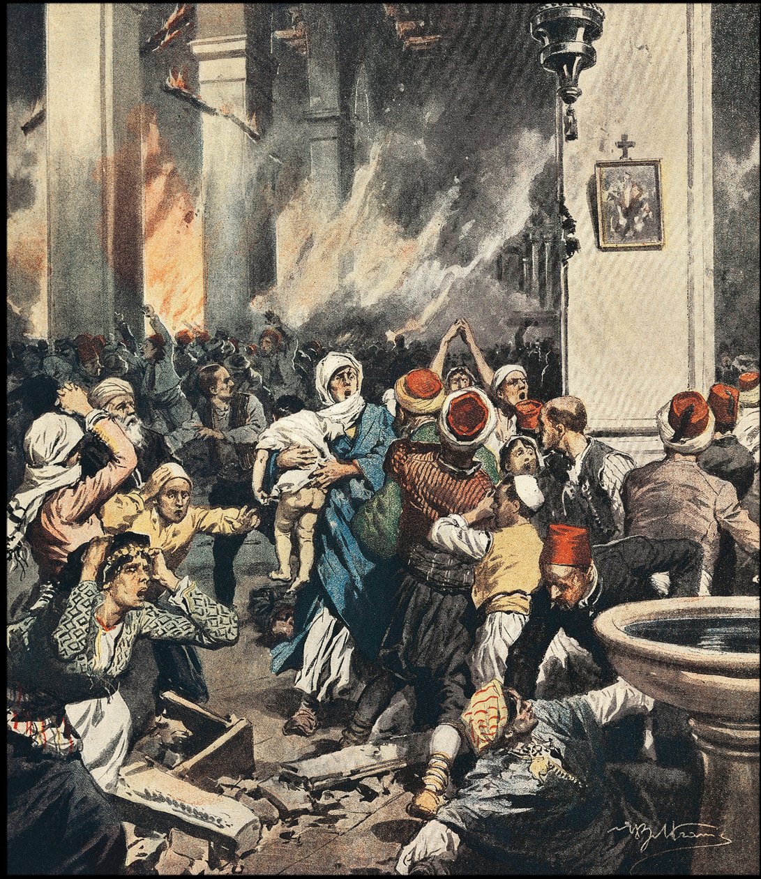 De slachtingen van Armeniërs in Turkije in 1909 in Adana, illustratie door Achilles Beltrame (1871-1945) in 