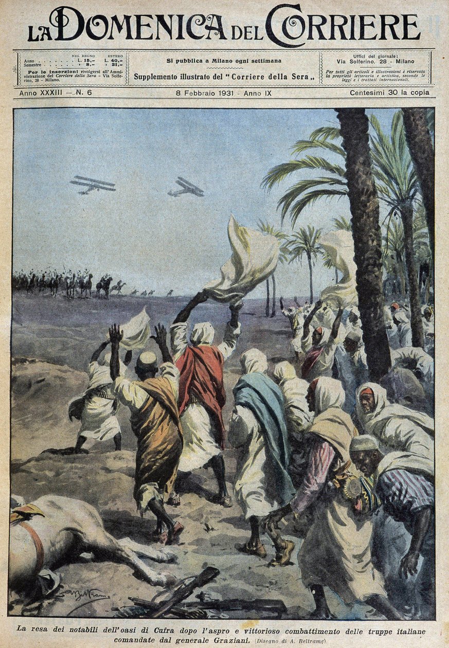 De overgave van de notabelen van de oase van Koufra (Qufra of Cufra, Libische Sahara) na de moeilijke en zegevierende slag van de Italiaanse troepen onder bevel van generaal Graziani - tekening van A. Beltrame in 