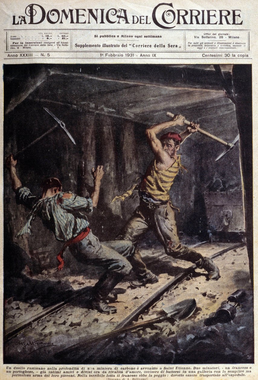 Twee Franse en Portugese mijnwerkers vechten met hun bijlen in een galerij vanwege een liefdesverhaal - tekening door A. Beltrame, in 