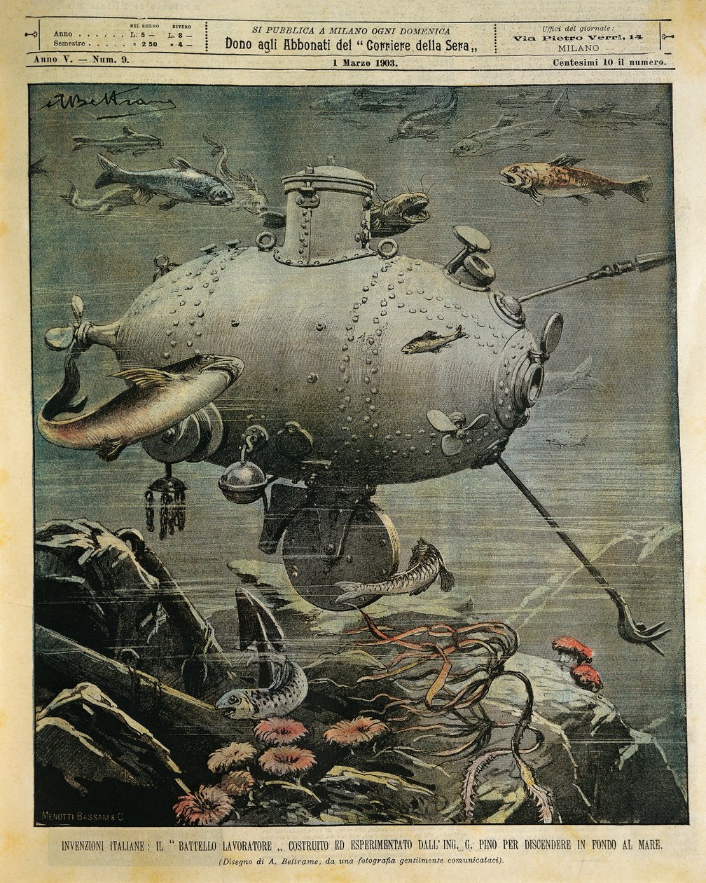 Onderwaterzeevaartuig voor het verkennen van de zeebodem, illustratie door Achille Beltrame door Achille Beltrame