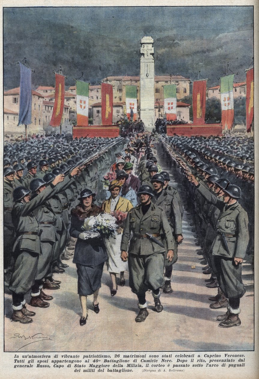 Huwelijksceremonie van leden van zwarte hemden (camicie nere) in Caprino veronese in Veneto. Illustratie door Achilles Beltrame uit 