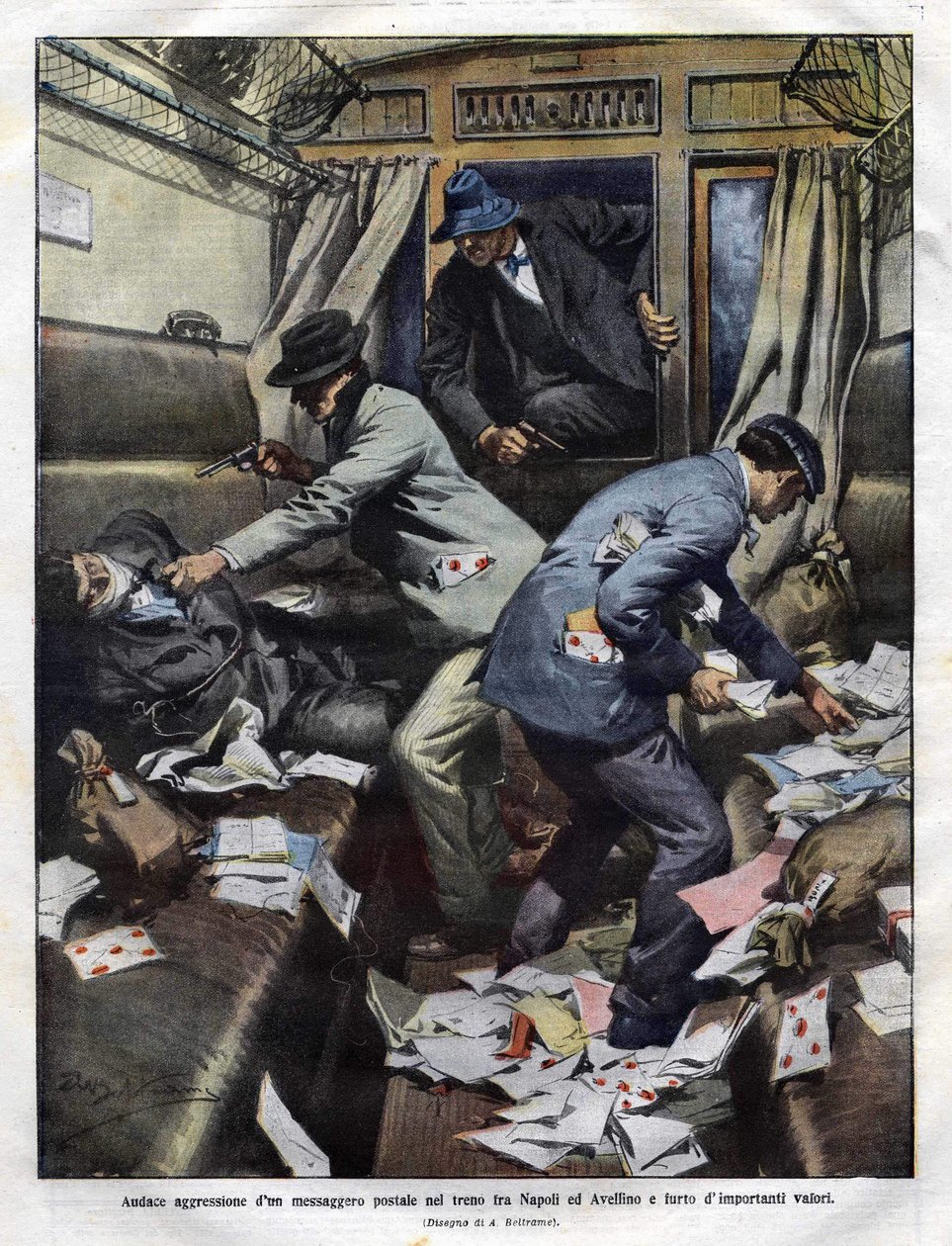 Bandieten bij de overval op een posttrein tussen Napels en Avellino in 1910. Illustratie door Achilles Beltrame voor de Domenica del Corriere door Achille Beltrame