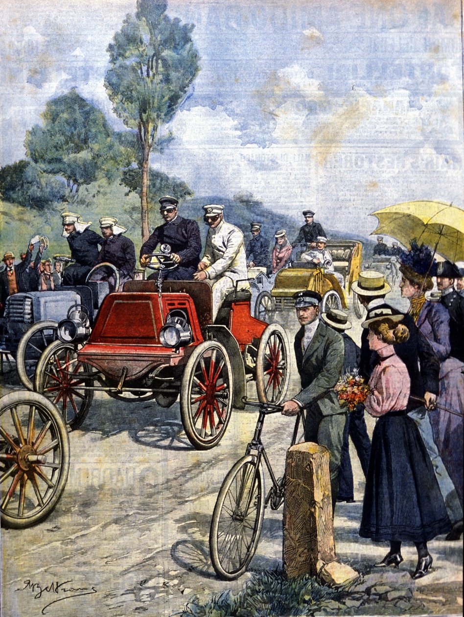 Eerste ronde van Italië per auto in 1901 illustratie door Achille Beltrame door Achille Beltrame