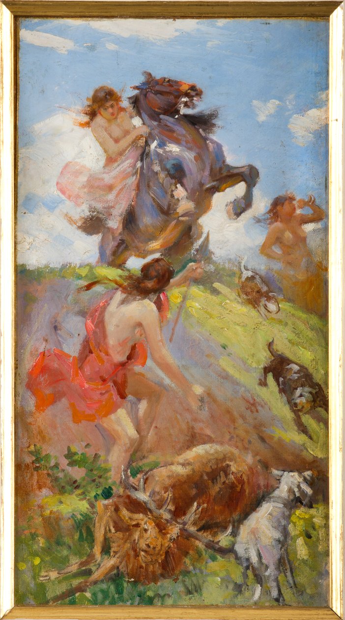 Amazones jagen op een hert door Achille Boschi