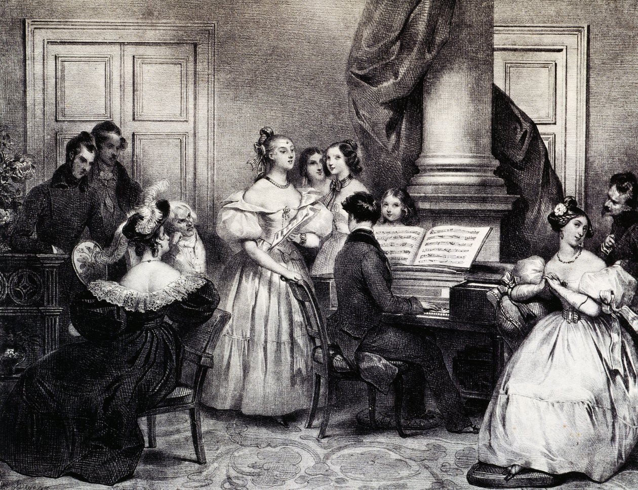 Familieconcert met piano, door Achille Deveria (1800-1857), gravure, Frankrijk door Achille Devéria
